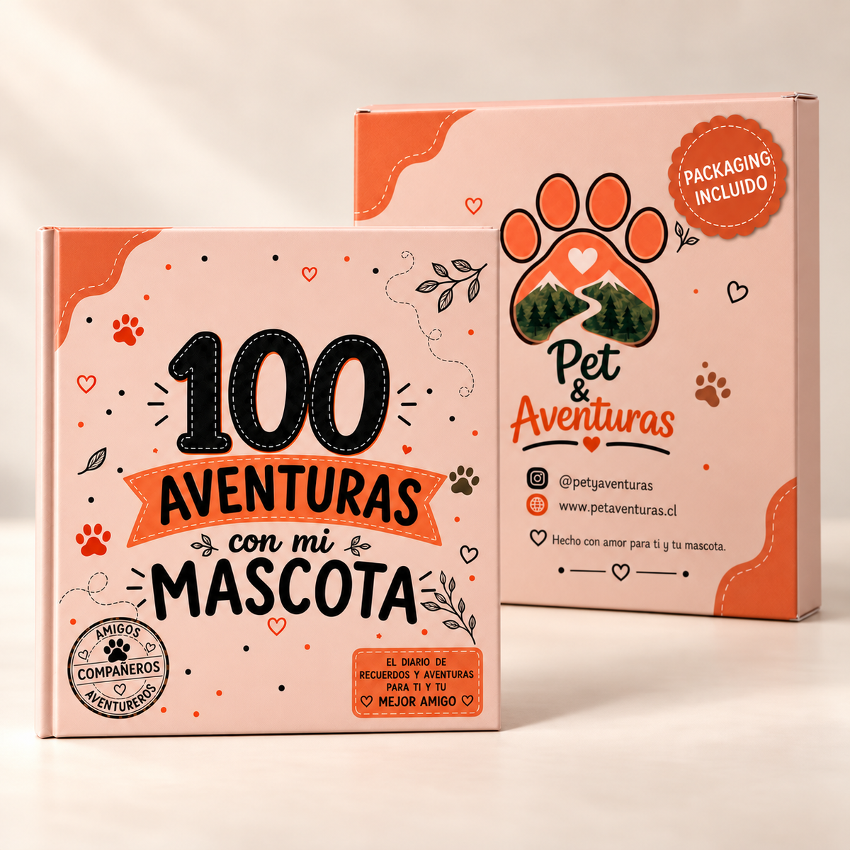 Álbum 100 Aventuras con mi Mascota junto a su packaging incluido