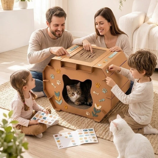 Casa Rascador Personalizable para Gatos + Etiquetas Tematica de Mascotas.