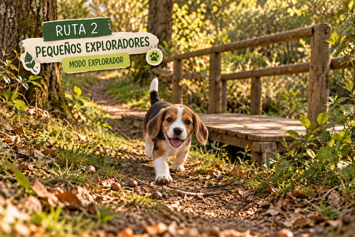 Cachorro beagle viviendo la actividad Modo explorador en un sendero natural