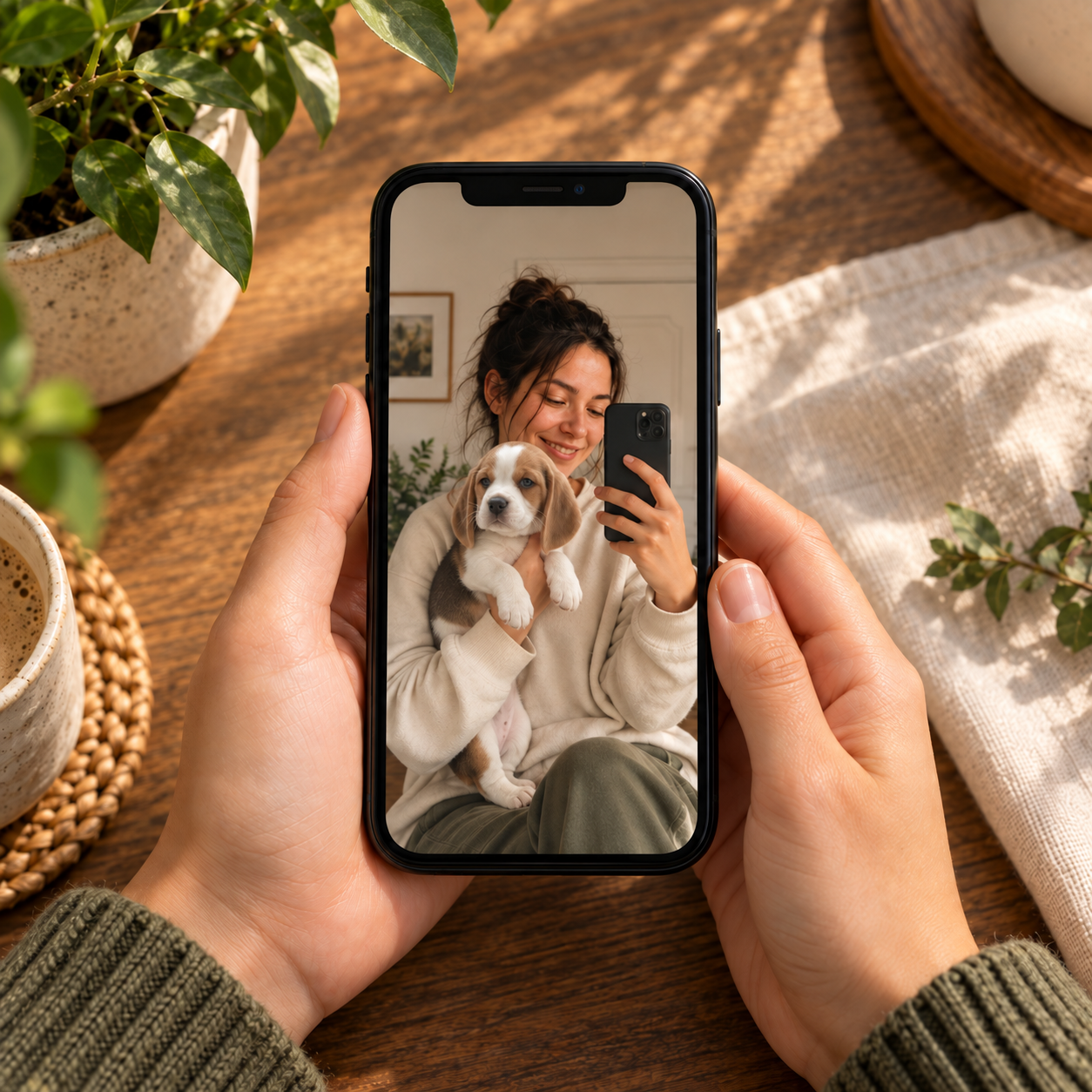 Selfie de una mujer con su cachorro beagle guardada en un teléfono